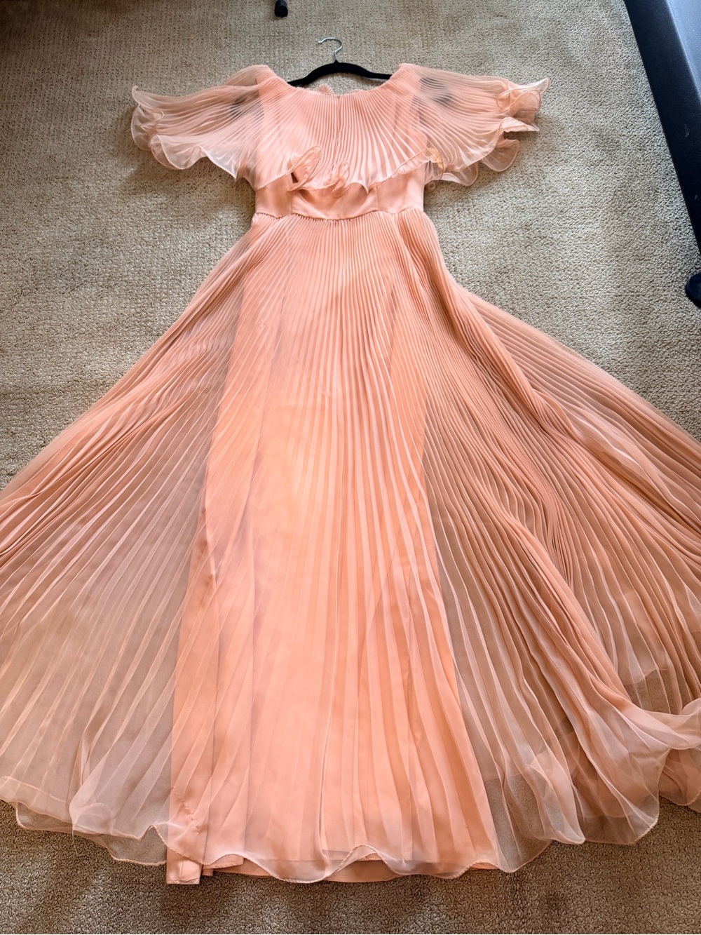 Vintage 1960โs Peach Pleated Chiffon Maxi Dress - Picture 8 of 13